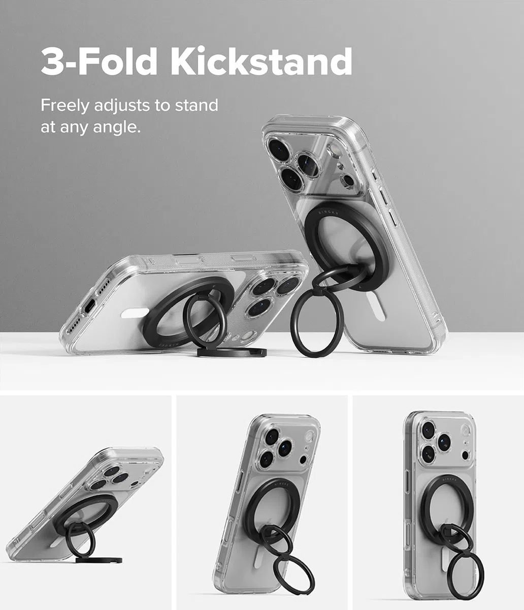Ringke Dual Magnetic Smart Ring Anneau Support Téléphone Magnétique pour iPhone, Google Pixel, Samsung, Xiaomi avec Support Pliable 3 Niveaux Compatible MagSafe Support et Grip Universel - Black