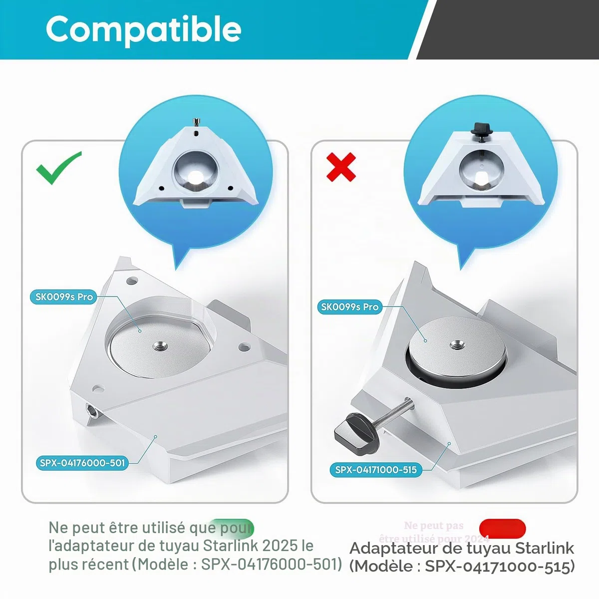XLTTYWL 2025 Starlink Mini adaptateur de trépied Starlink en aluminium avec filetage 1/4" - 20 et 3/8"-16, compatible avec adaptateur de tuyau Mini Starlink et support plat