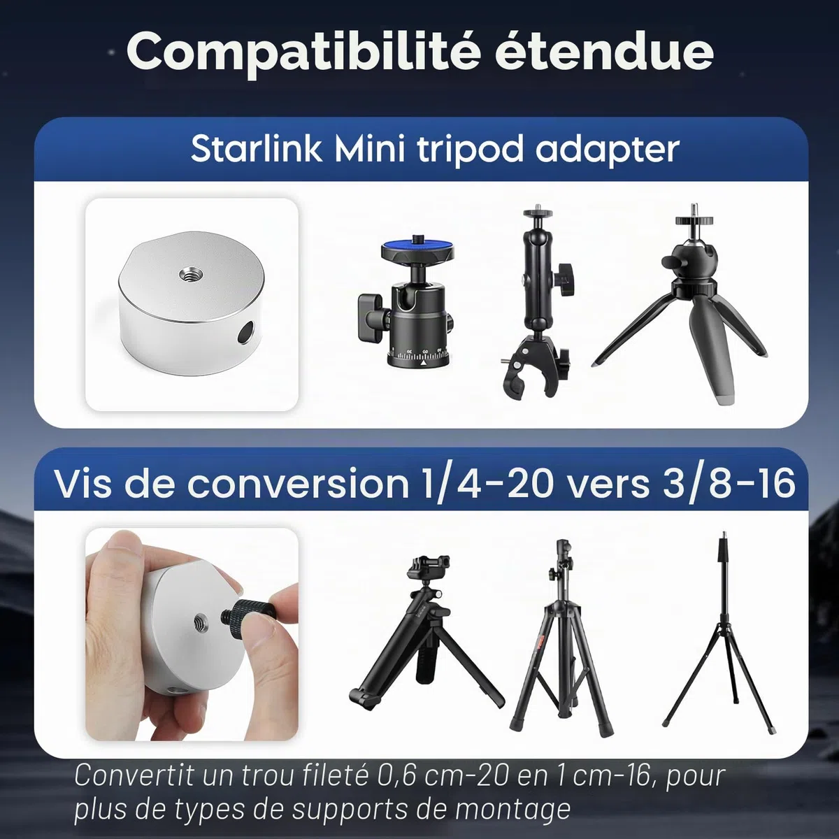 XLTTYWL 2025 Starlink Mini adaptateur de trépied Starlink en aluminium avec filetage 1/4" - 20 et 3/8"-16, compatible avec adaptateur de tuyau Mini Starlink et support plat