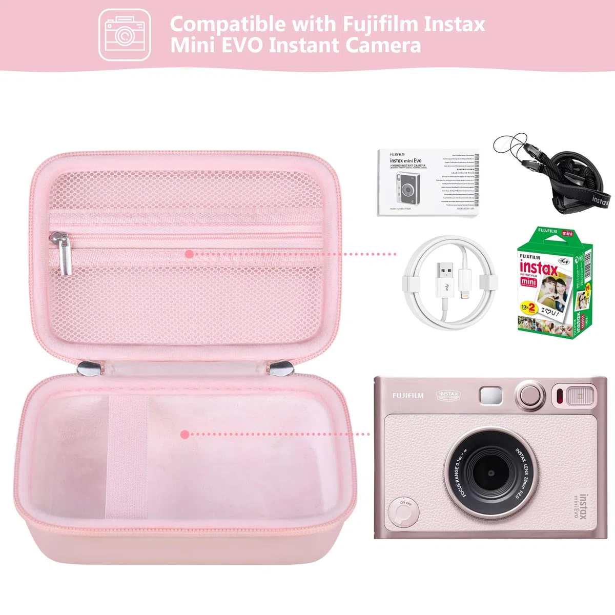 étui Dur de Transport pour caméra instantanée Fujifilm Instax Mini Evo, étui de Stockage de Voyage d'imprimante Instax Mini avec Poche en Maille Peut Stocker des câbles USB, Film, Rose