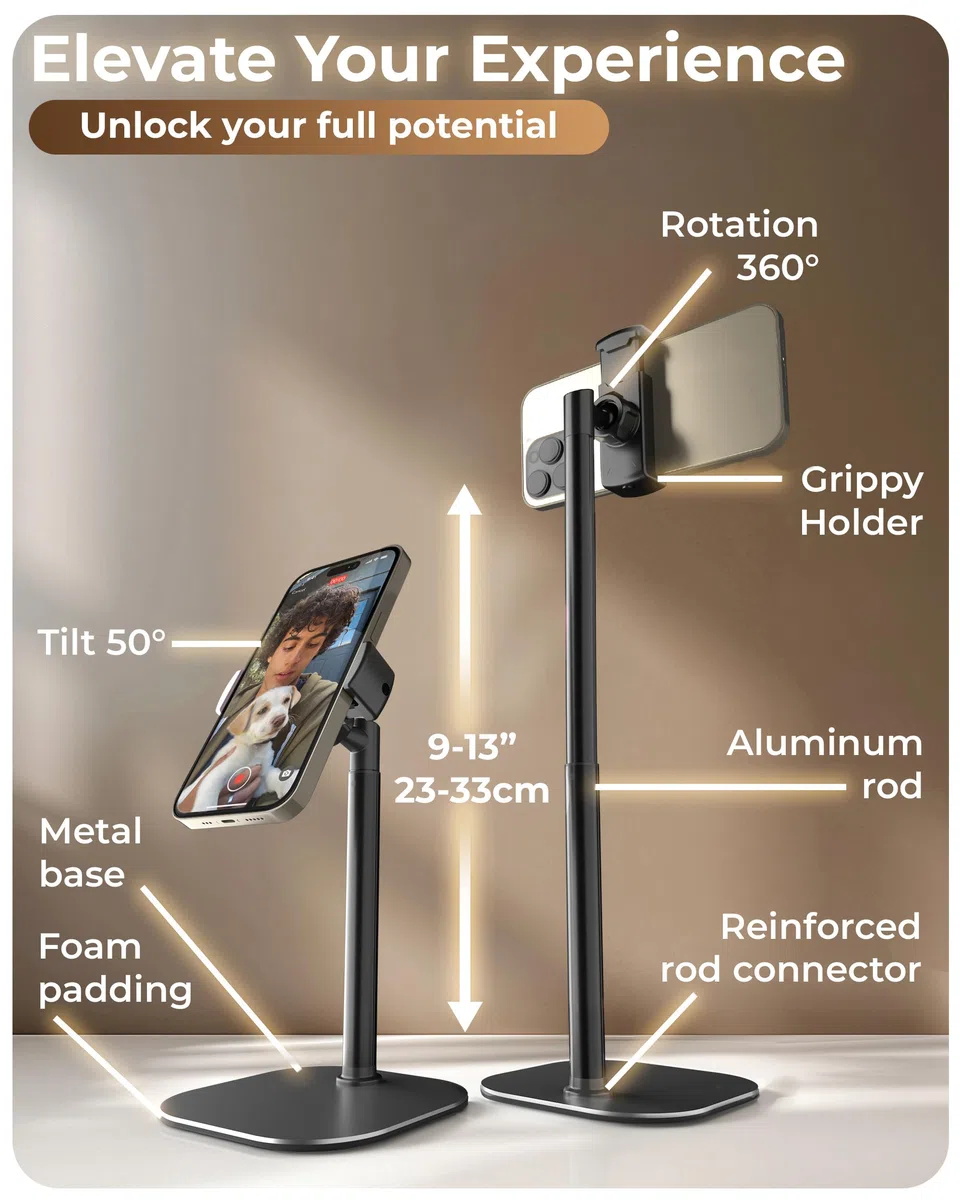 COOPER ChatStand, Support Telephone pour Bureau Réglable, Support iPhone Bureau, Trepied iPhone Filmer, Trépied Téléphone Table, Porte Telephone pour Samsung et Smartphones Android - Noir Nuit