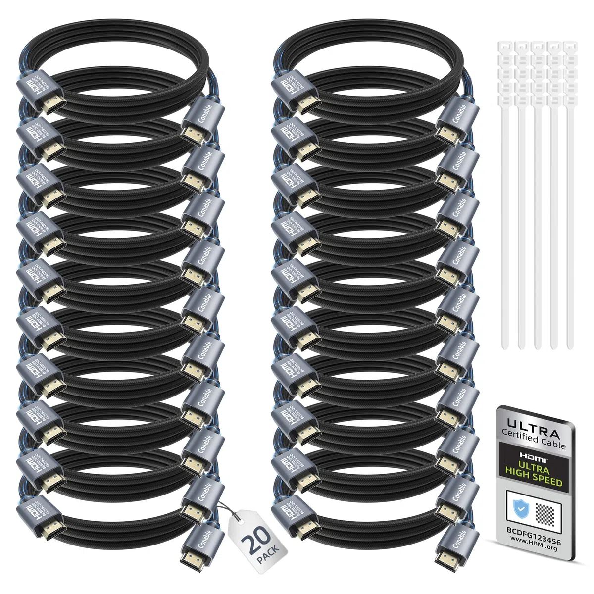 Lot de 20 câbles HDMI 2.1 8K de 3 m certifiés 48 Gbit/s ultra haut débit, 10K 8K @ 100 Hz, 4K @ 120 Hz, HDCP 2.2 et 2.3 eARC HDR 10 Dolby DTS:X, compatible avec PS5/Blu-ray/HDTV/Roku TV/Switch 2/Mac