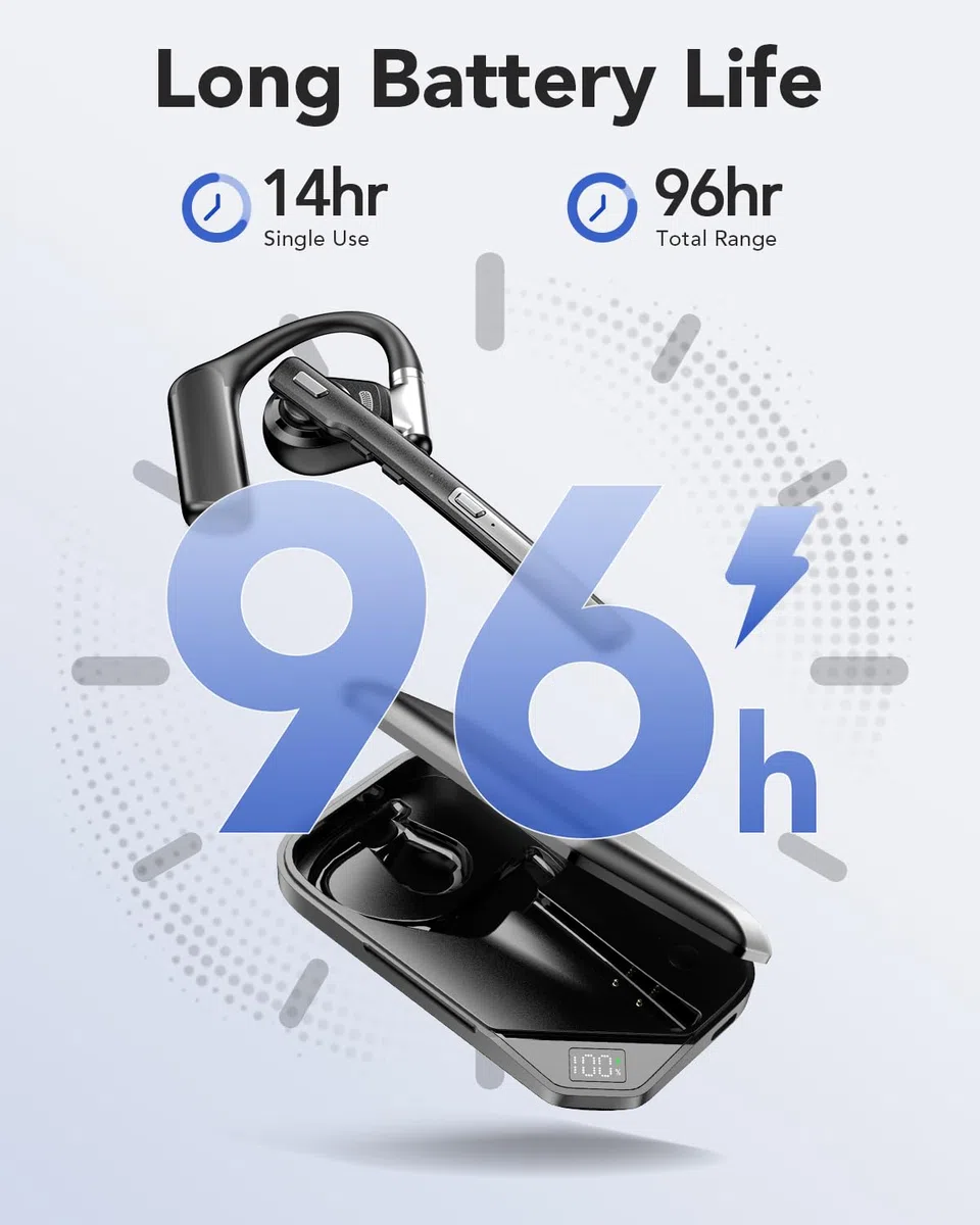 Oreillette Bluetooth V6.0 sans fil avec micro antibruit, 96 heures de temps de conversation avec le boîtier de charge de 950 mAh pour ordinateur portable iOS Android, casque avec bouton muet pour