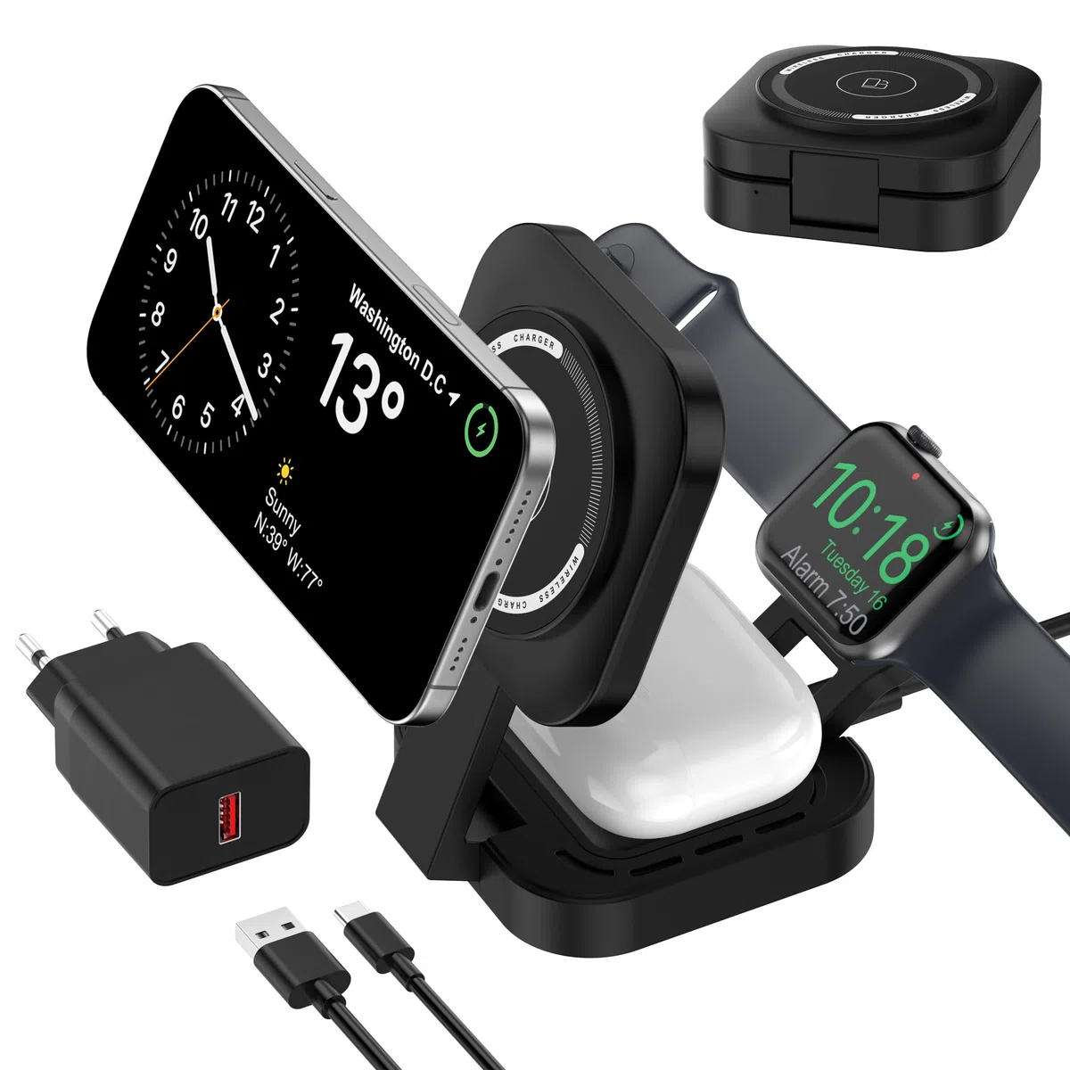 Chargeur sans Fil 3 en 1 pour appareils Apple, Chargeur Induction, 3 en 1 Station de Charge Rapide pour Magsafe iPhone 17/Air/16/15/14/13/12, Apple Watch, AirPods Pro/2/3/4 (Adaptateur Inclus) (Noir)