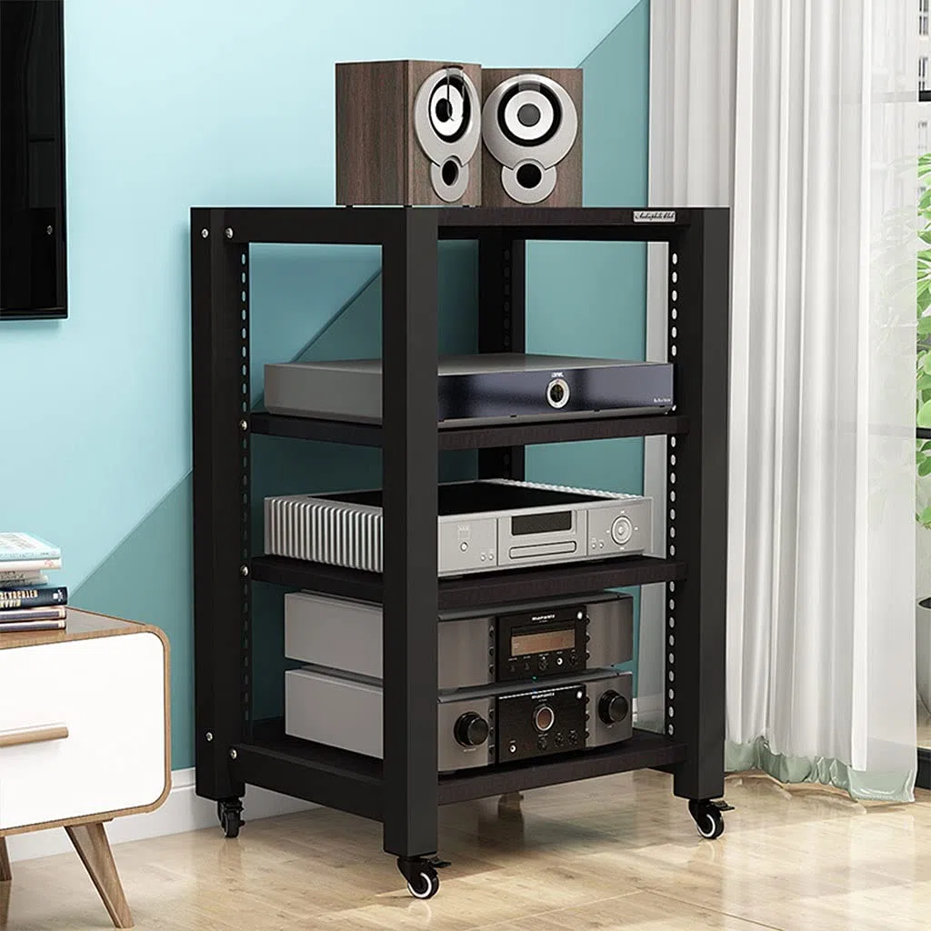 Pieds d'Enceintes Support Audio à roulettes, Support TV, Composants multimédia, Support Audio Multicouche, Armoire de Haut-Parleur, 2/3/4 Couches (Grain de Bois Noir) Support D'enceinte (Size : S1)