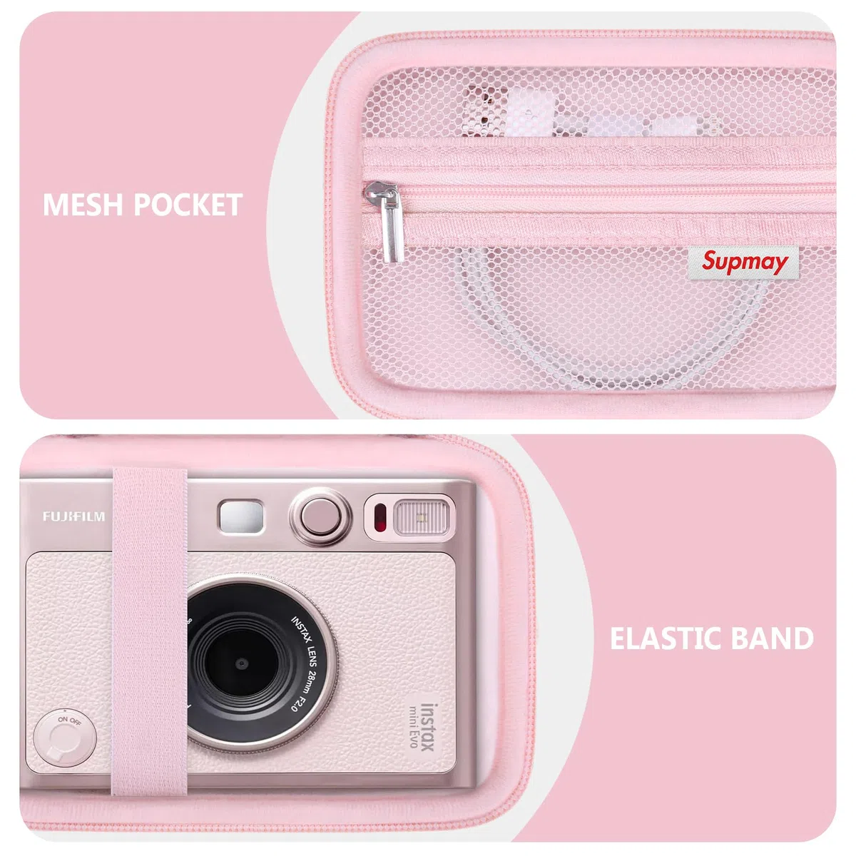 étui Dur de Transport pour caméra instantanée Fujifilm Instax Mini Evo, étui de Stockage de Voyage d'imprimante Instax Mini avec Poche en Maille Peut Stocker des câbles USB, Film, Rose
