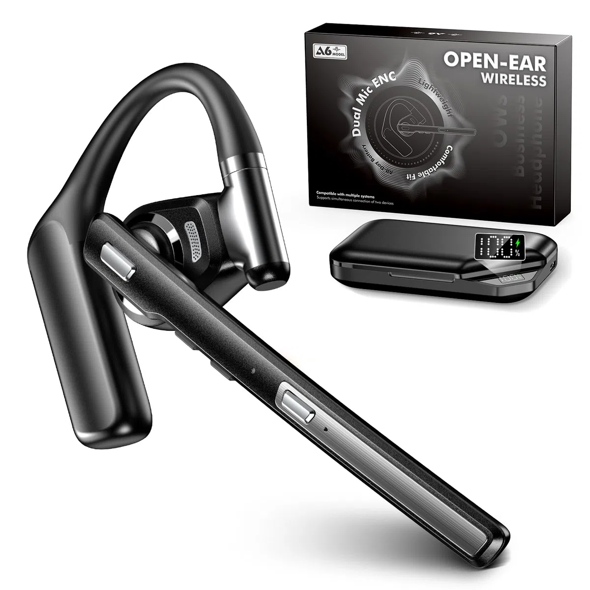 Oreillette Bluetooth V6.0 sans fil avec micro antibruit, 96 heures de temps de conversation avec le boîtier de charge de 950 mAh pour ordinateur portable iOS Android, casque avec bouton muet pour