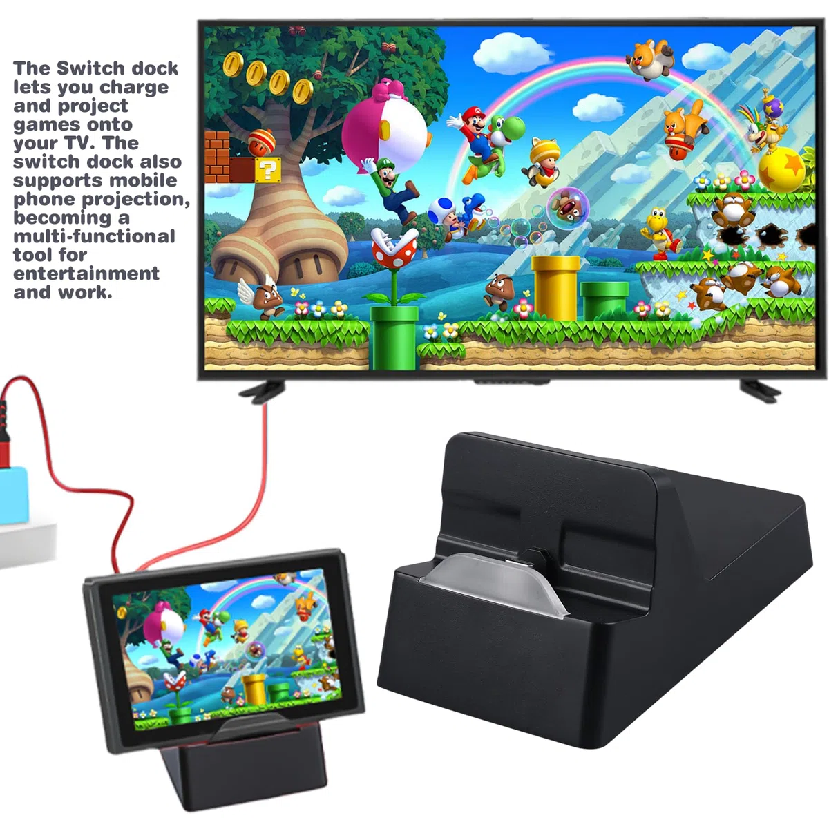 Station d'accueil Switch WIYETY : station d'accueil portable Charge rapide PD, support de projection pour écrans de jeu, Prend en charge les projections de téléphone portable, Noir, Compact et léger