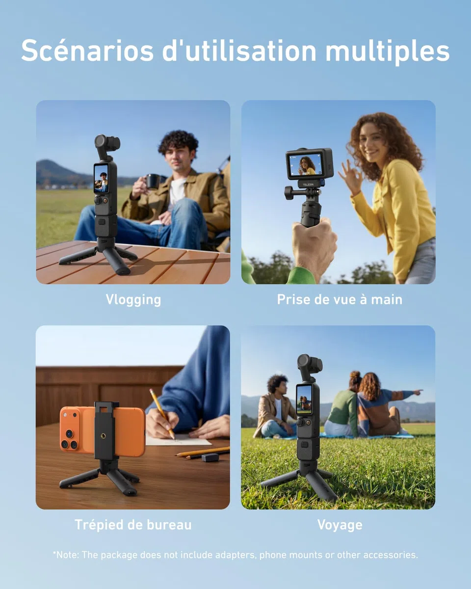 TELESIN Mini Trépied pour DJI Osmo Pocket 4/3, Ouverture Rapide en Un Clic, Vis 1/4" Trépied de Bureau & Poignée 2-en-1, pour Pocket 4/3, Action 6/5 Pro/4/3, iPhone, Go Pro 13/12, Insta360 X5