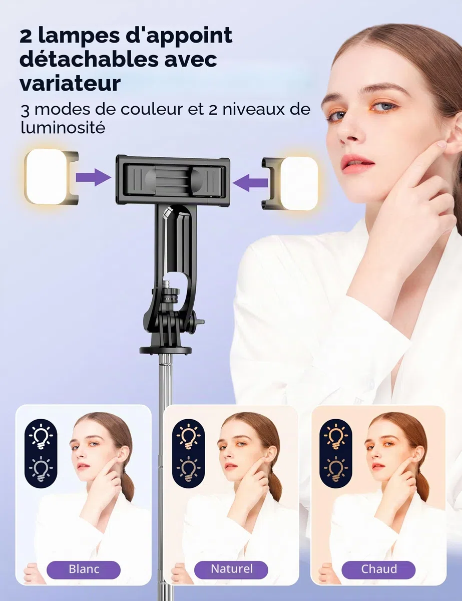 135CM Perche à Selfie Trépied avec 2 Lumière, Trépied pour Téléphone avec Télécommande Détachable, Portable Selfie Stick Trepied Extensible avec Vis de 1/4" Compatible pour iPhone/Android/GoPro/Camera