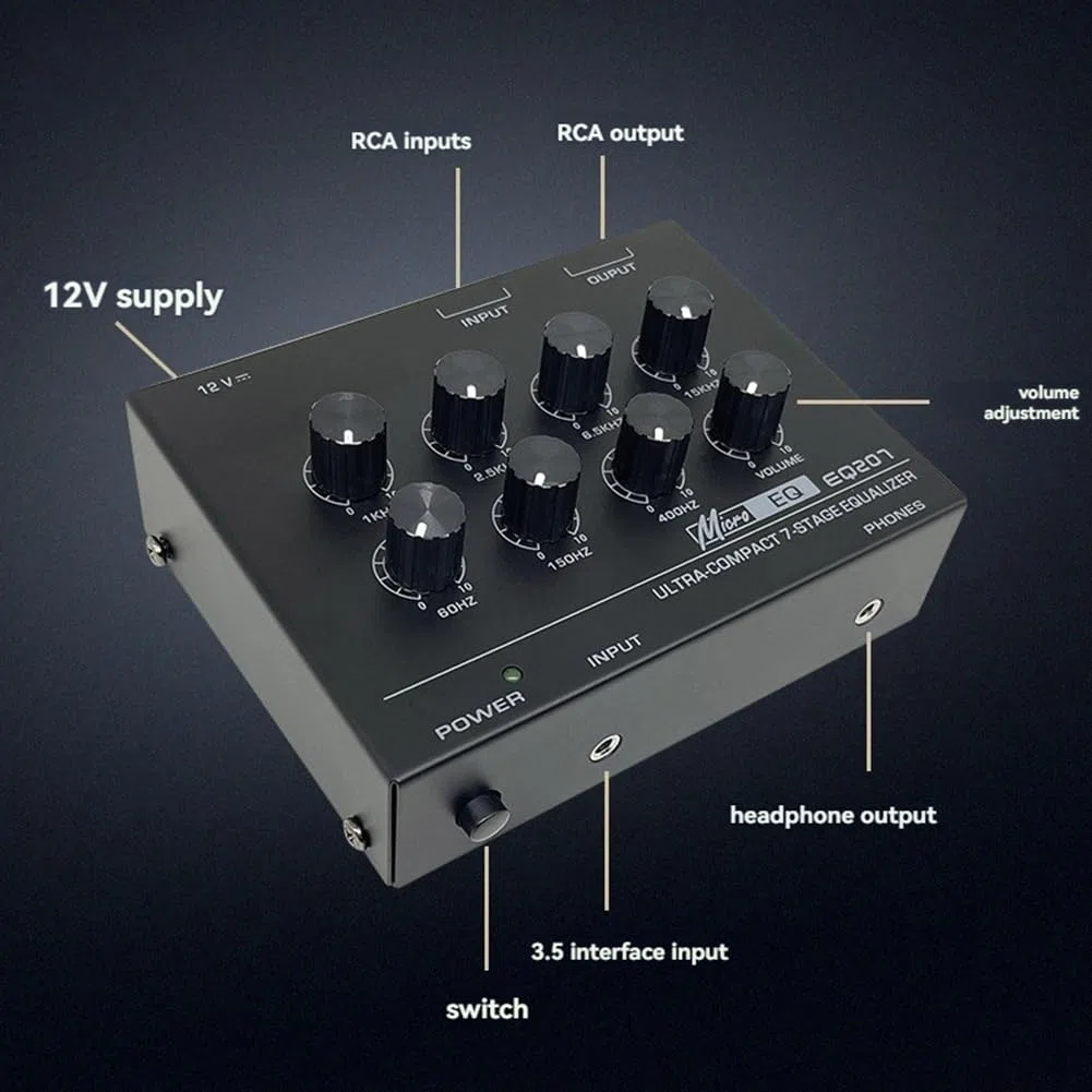 Préampli EQ207 Égaliseurs 7 Bandes Modificateurs de Son Entrée d'alimentation DC12V Mixeur Audio Prise UE