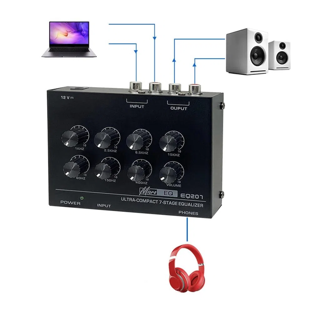 Préampli EQ207 Égaliseurs 7 Bandes Modificateurs de Son Entrée d'alimentation DC12V Mixeur Audio Prise UE