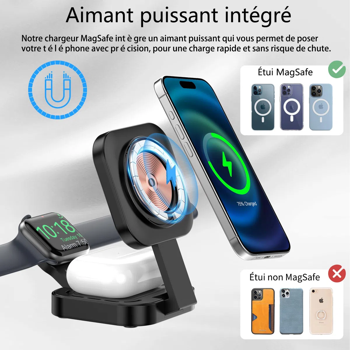 Chargeur sans Fil 3 en 1 pour appareils Apple, Chargeur Induction, 3 en 1 Station de Charge Rapide pour Magsafe iPhone 17/Air/16/15/14/13/12, Apple Watch, AirPods Pro/2/3/4 (Adaptateur Inclus) (Noir)