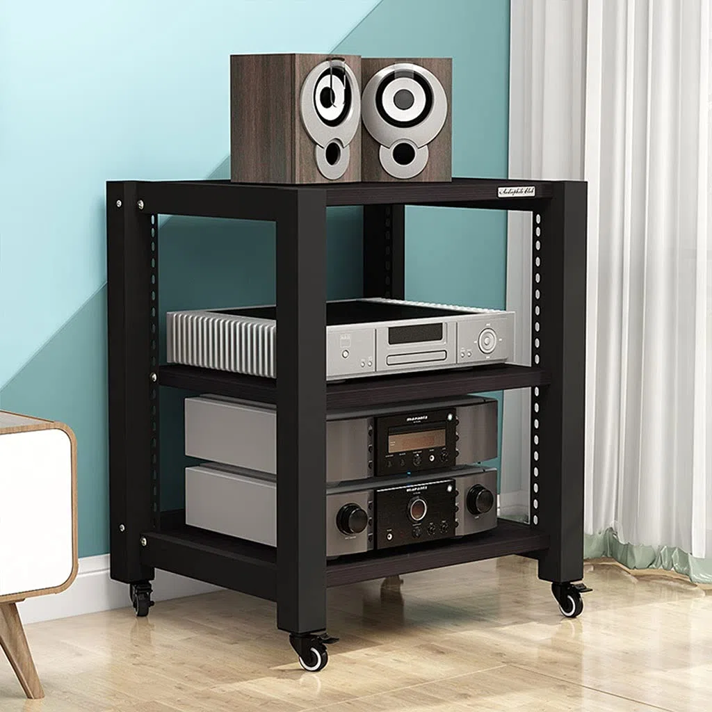 Pieds d'Enceintes Support Audio à roulettes, Support TV, Composants multimédia, Support Audio Multicouche, Armoire de Haut-Parleur, 2/3/4 Couches (Grain de Bois Noir) Support D'enceinte (Size : S1)