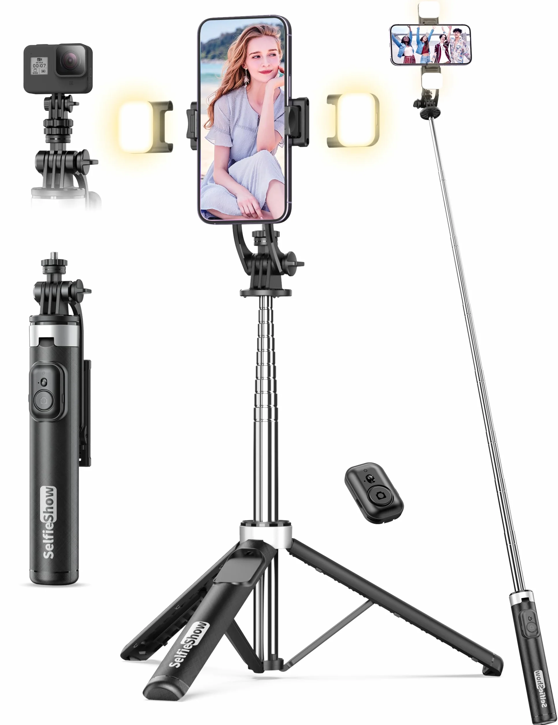 135CM Perche à Selfie Trépied avec 2 Lumière, Trépied pour Téléphone avec Télécommande Détachable, Portable Selfie Stick Trepied Extensible avec Vis de 1/4" Compatible pour iPhone/Android/GoPro/Camera