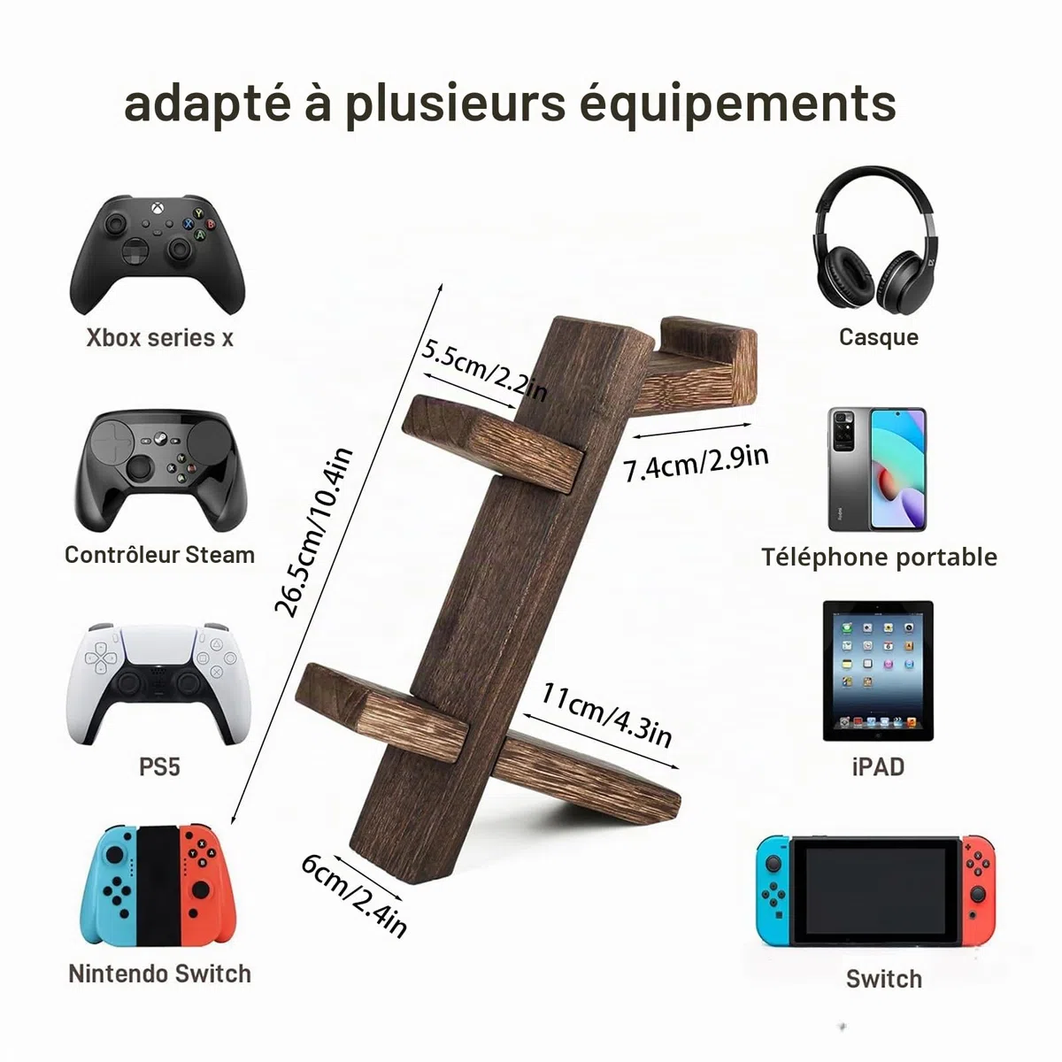 Lot de 2 supports de manette en bois pliables - Support universel pour téléphone portable - Support de téléphone portable en bois - Support pour casque de jeu - 2 en 1 - Support pour manette de casque