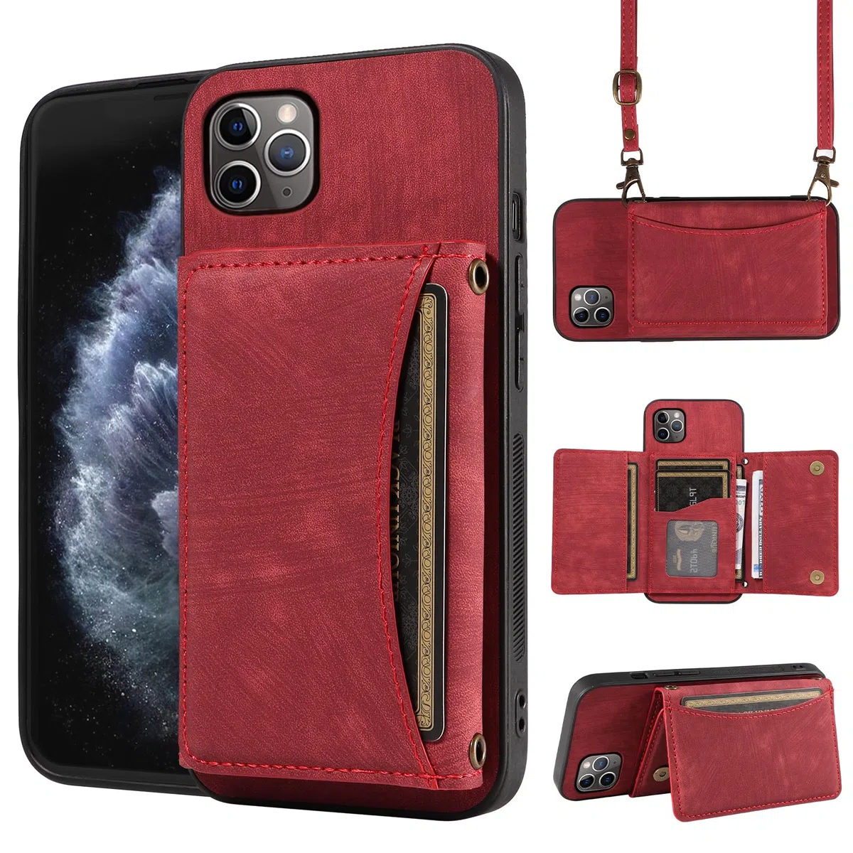 Coque de téléphone pour iPhone 11 Pro Max 6.5 Housse Portefeuille avec bandoulière et Porte-Cartes de crédit en Cuir Poche Fine Accessoires pour téléphone Portable iPhone11 11pro Promax i XI