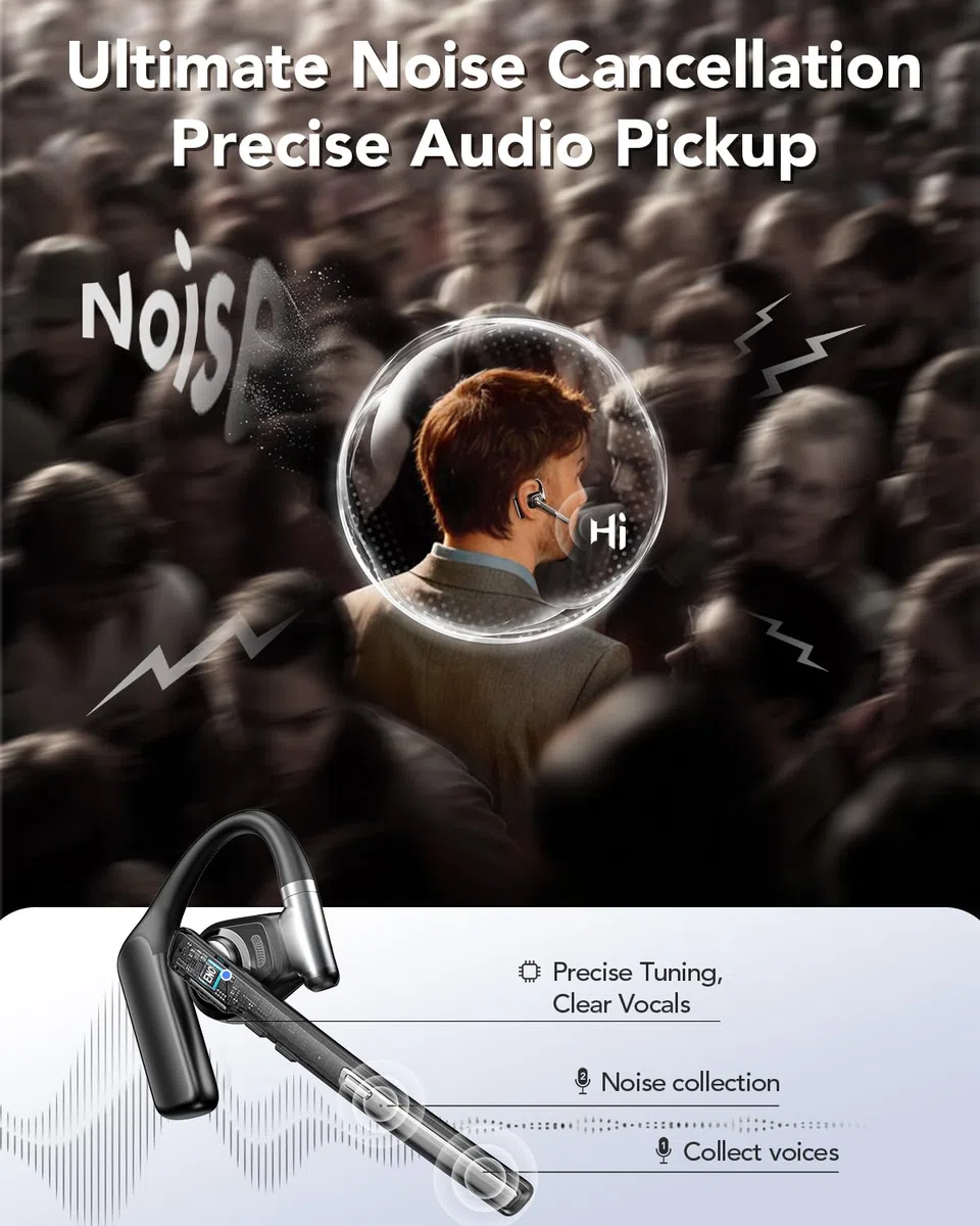 Oreillette Bluetooth V6.0 sans fil avec micro antibruit, 96 heures de temps de conversation avec le boîtier de charge de 950 mAh pour ordinateur portable iOS Android, casque avec bouton muet pour