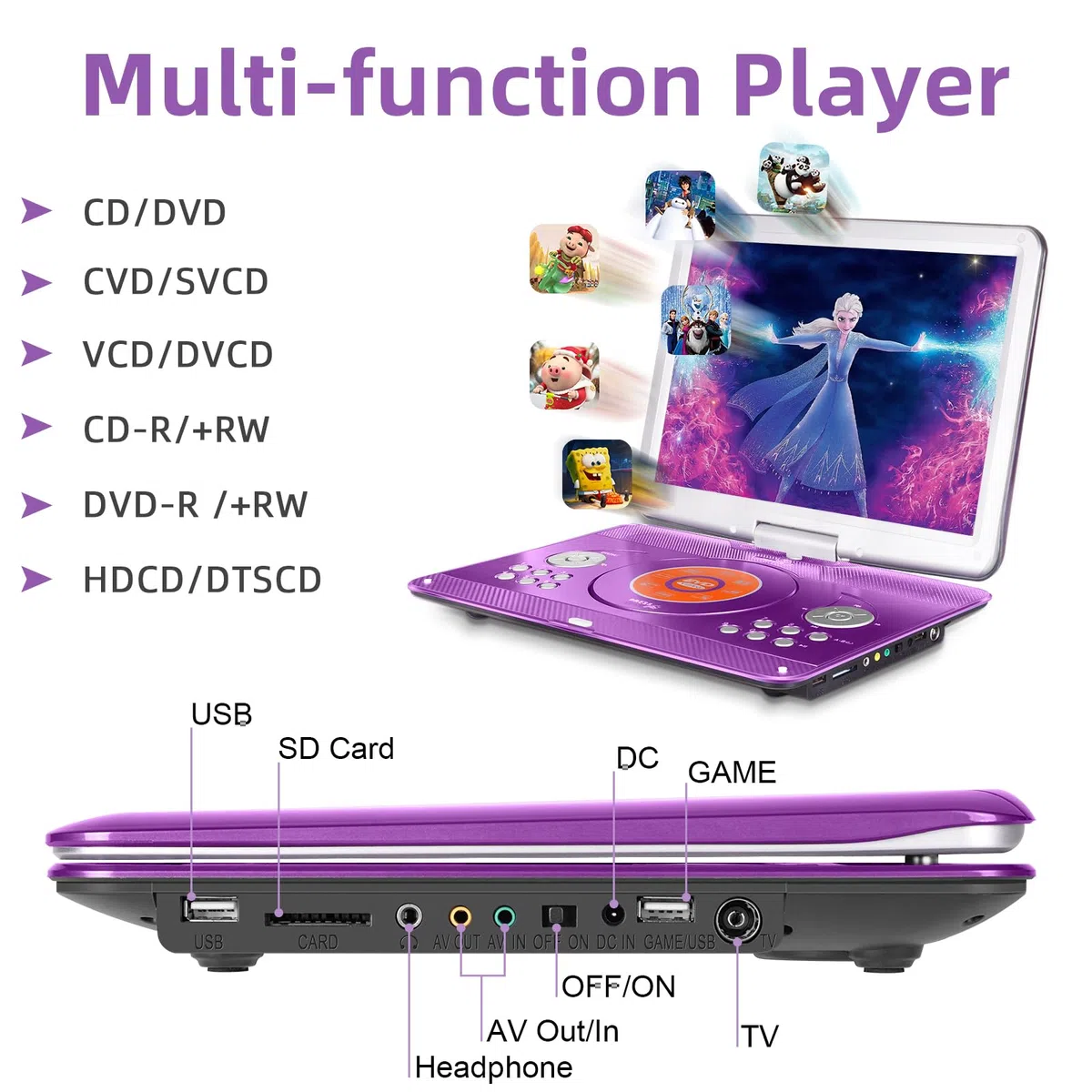 Lecteur DVD portable de 42,9 cm avec grand écran HD pivotant de 36,1 cm, lecteurs DVD portables pour enfants avec batterie rechargeable de 6 heures 5000 mAh, synchronisation TV, prise en charge