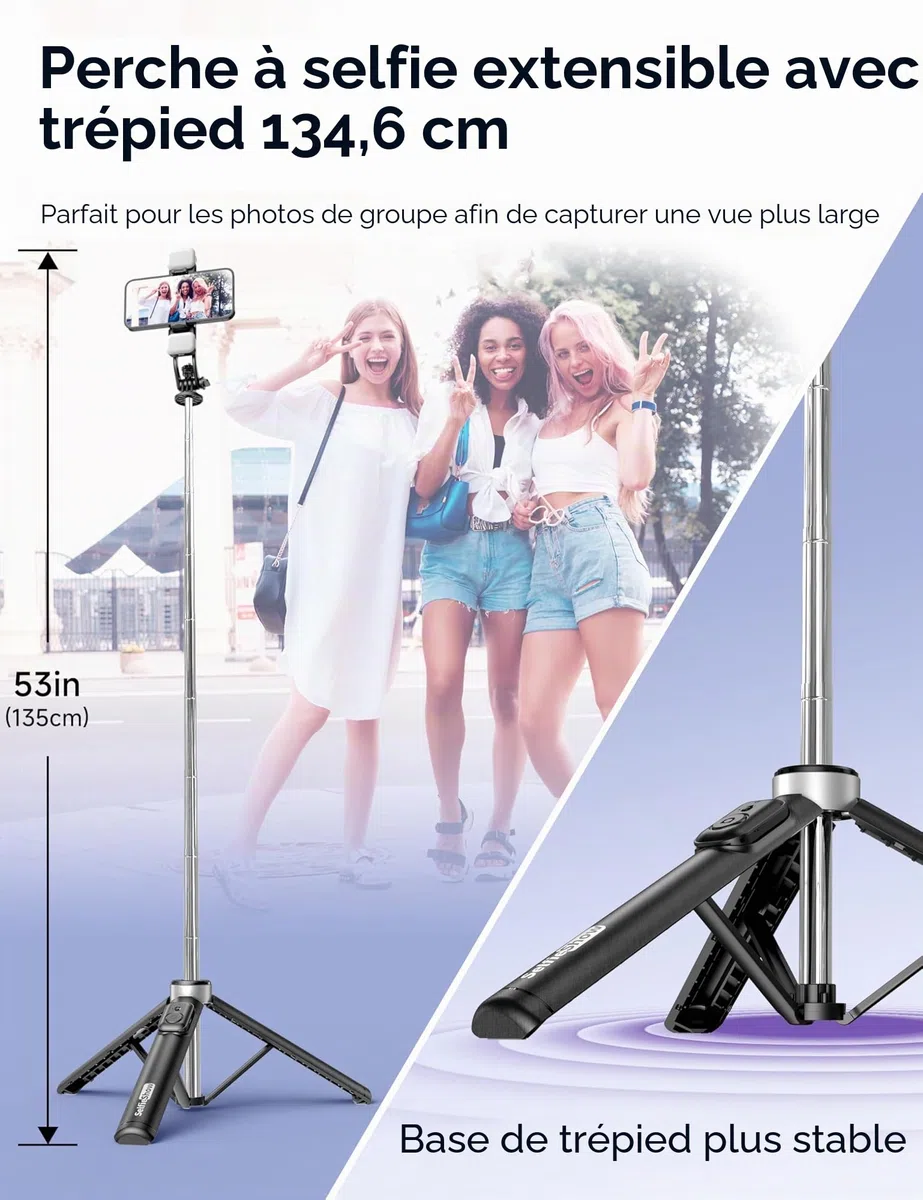 135CM Perche à Selfie Trépied avec 2 Lumière, Trépied pour Téléphone avec Télécommande Détachable, Portable Selfie Stick Trepied Extensible avec Vis de 1/4" Compatible pour iPhone/Android/GoPro/Camera
