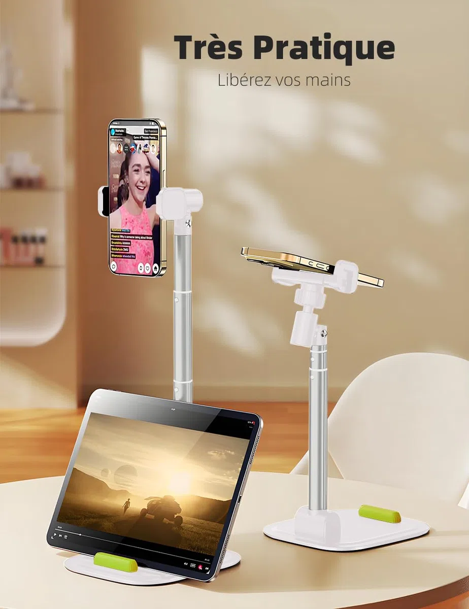 Support Telephone Bureau, Hauteur et Angle Réglables Porte Telephone, Support de Téléphone Pliable Bureau pour iPhone 15,14,13,12,11,Pro, Smartphone,Tablette, Blanc