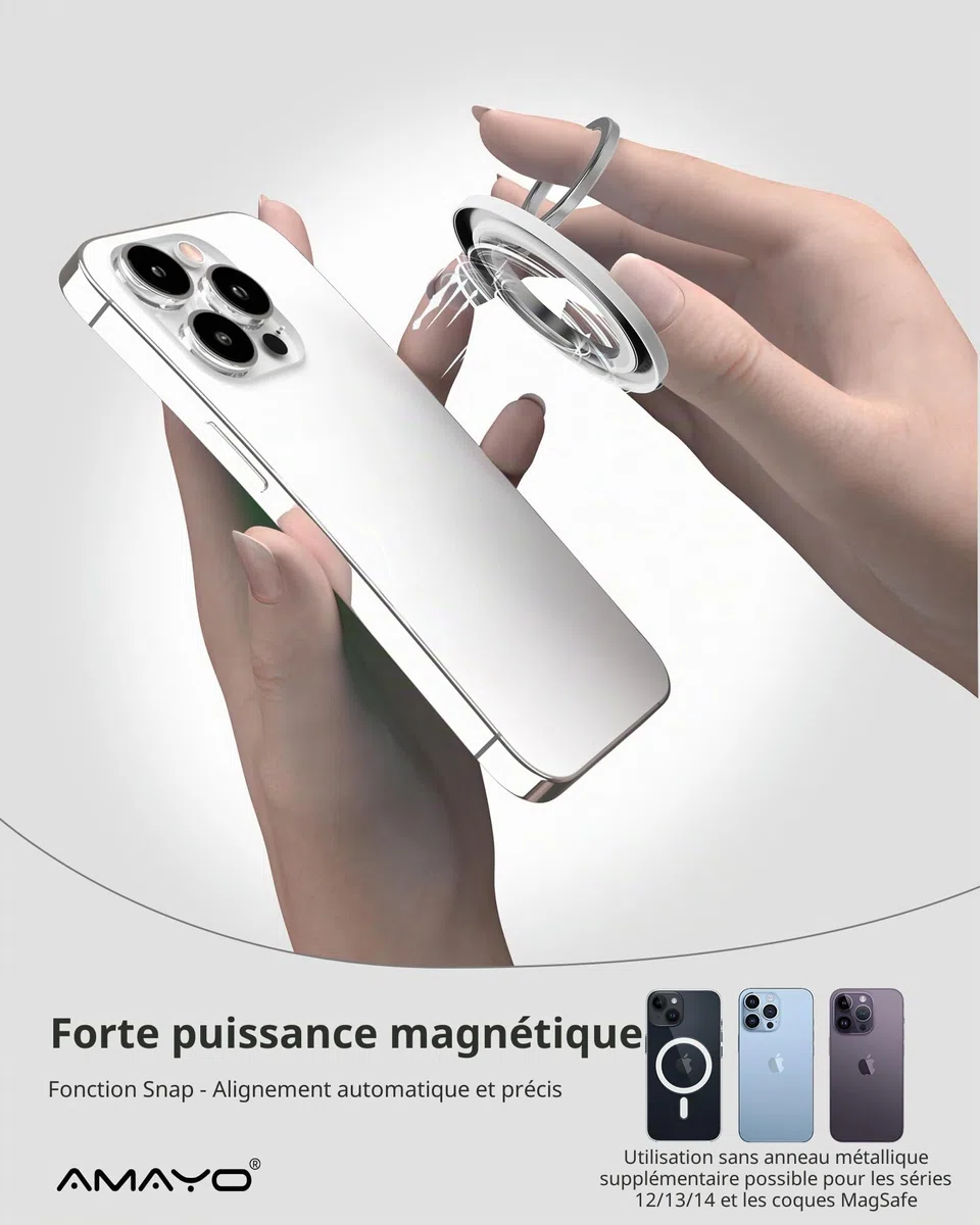 AMAYO - Anneau de Support Magnétique pour Téléphone Portable Magsafe, Poignée et Support pour iPhone 15 Pro Max, 14, 13, 12 - Accessoires Magsafe