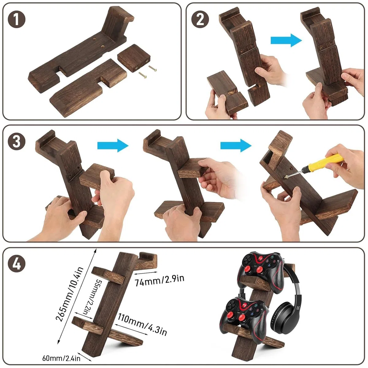 Lot de 2 supports de manette en bois pliables - Support universel pour téléphone portable - Support de téléphone portable en bois - Support pour casque de jeu - 2 en 1 - Support pour manette de casque