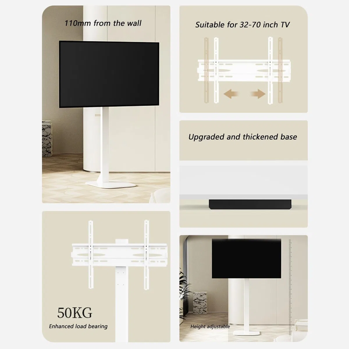 Support de Sol Universel pour téléviseur, Support Mural réglable en Hauteur avec Gestion des câbles, Compatible avec Les téléviseurs de 32 à 75 Pouces, Gain de plac,