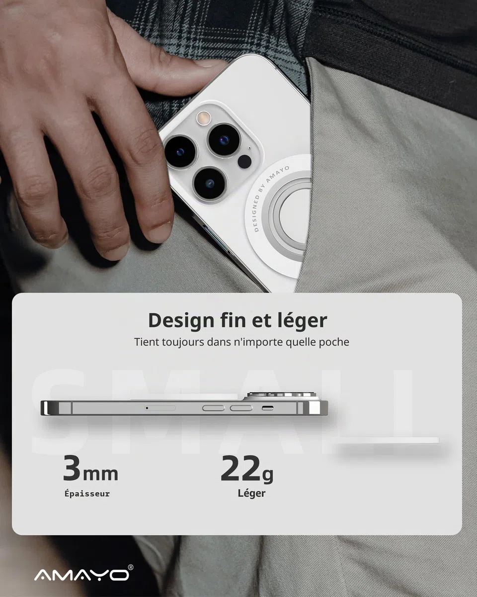 AMAYO - Anneau de Support Magnétique pour Téléphone Portable Magsafe, Poignée et Support pour iPhone 15 Pro Max, 14, 13, 12 - Accessoires Magsafe