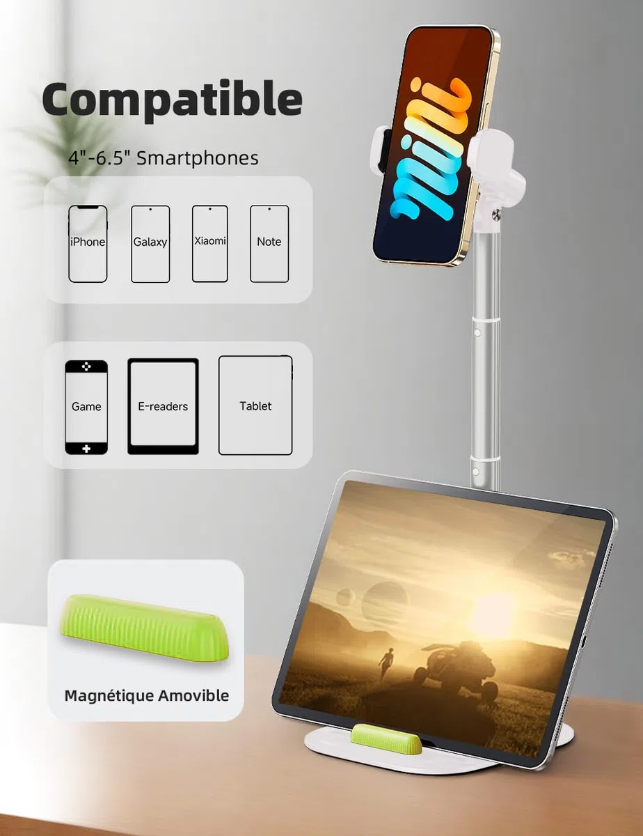 Support Telephone Bureau, Hauteur et Angle Réglables Porte Telephone, Support de Téléphone Pliable Bureau pour iPhone 15,14,13,12,11,Pro, Smartphone,Tablette, Blanc