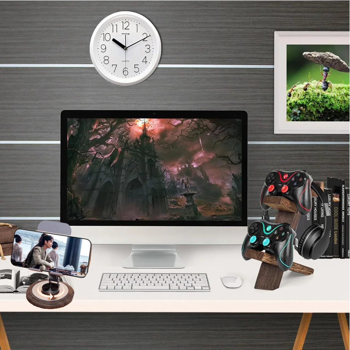Lot de 2 supports de manette en bois pliables - Support universel pour téléphone portable - Support de téléphone portable en bois - Support pour casque de jeu - 2 en 1 - Support pour manette de casque
