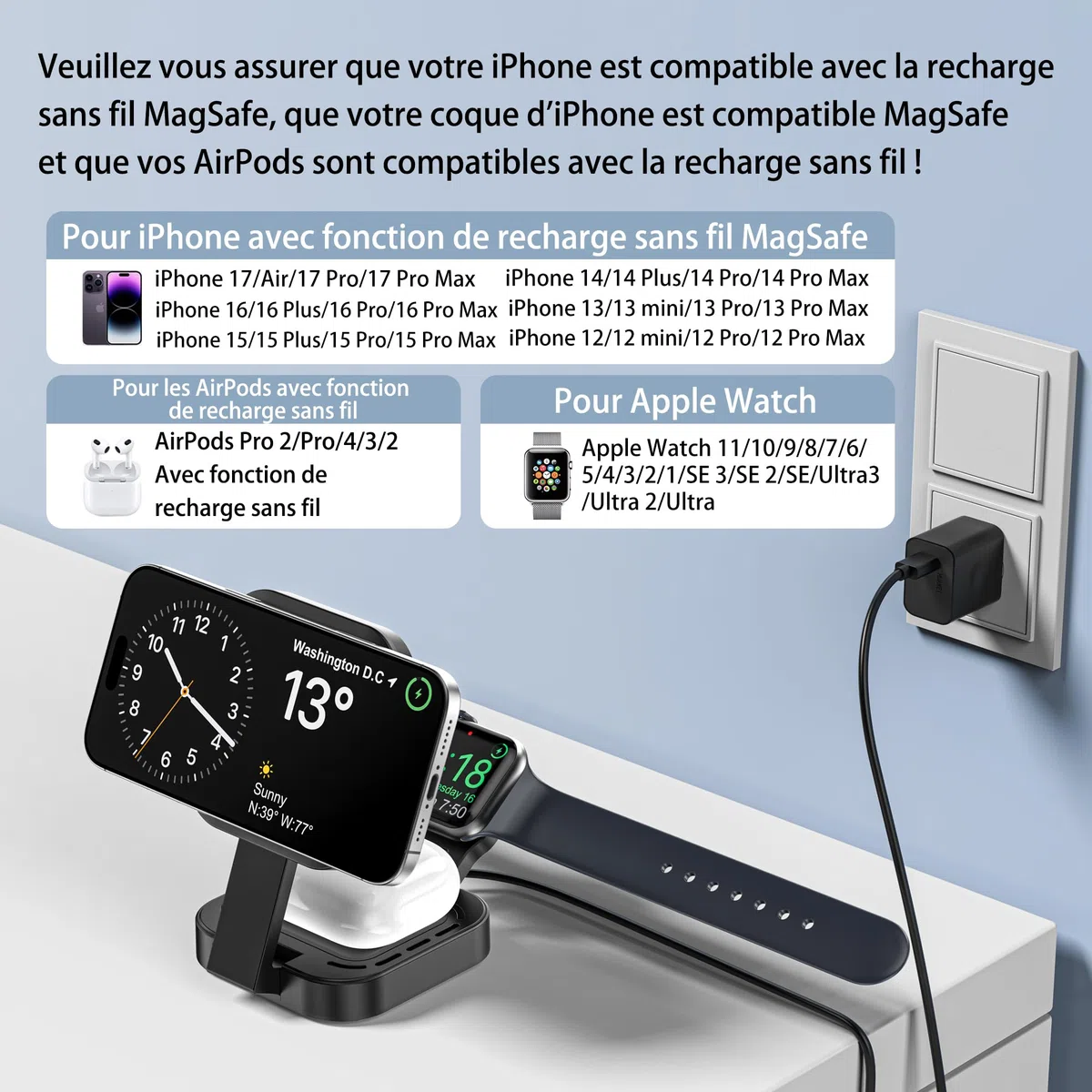 Chargeur sans Fil 3 en 1 pour appareils Apple, Chargeur Induction, 3 en 1 Station de Charge Rapide pour Magsafe iPhone 17/Air/16/15/14/13/12, Apple Watch, AirPods Pro/2/3/4 (Adaptateur Inclus) (Noir)