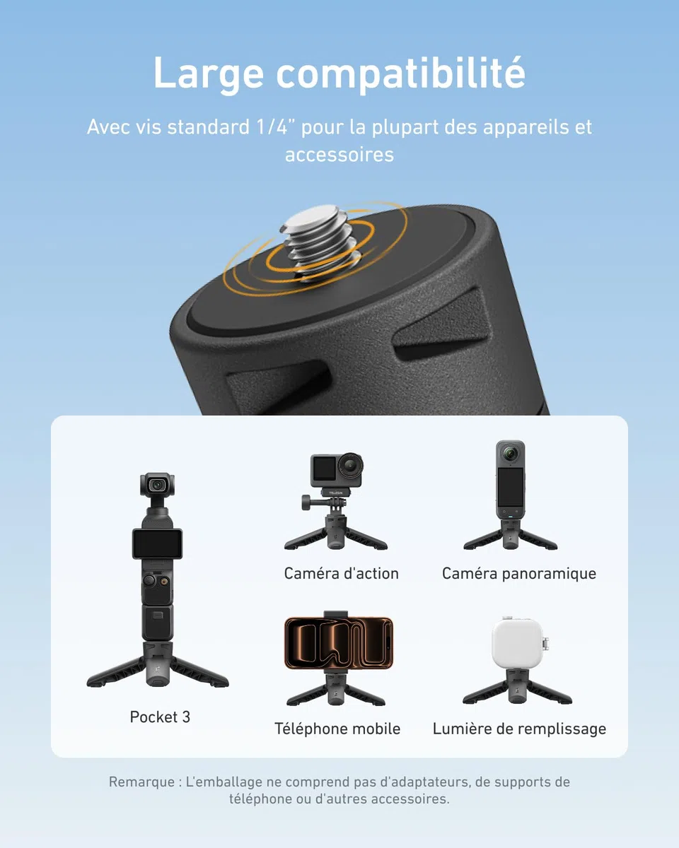 TELESIN Mini Trépied pour DJI Osmo Pocket 4/3, Ouverture Rapide en Un Clic, Vis 1/4" Trépied de Bureau & Poignée 2-en-1, pour Pocket 4/3, Action 6/5 Pro/4/3, iPhone, Go Pro 13/12, Insta360 X5