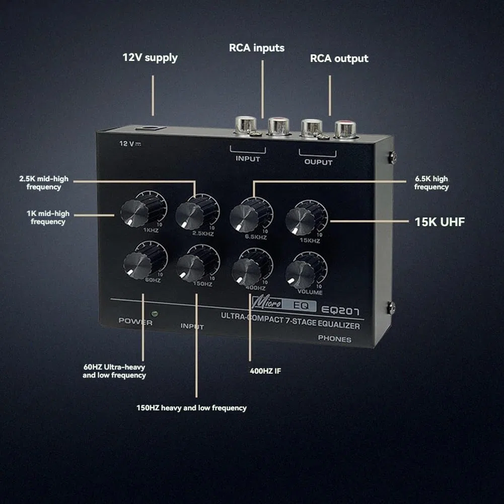 Préampli EQ207 Égaliseurs 7 Bandes Modificateurs de Son Entrée d'alimentation DC12V Mixeur Audio Prise UE