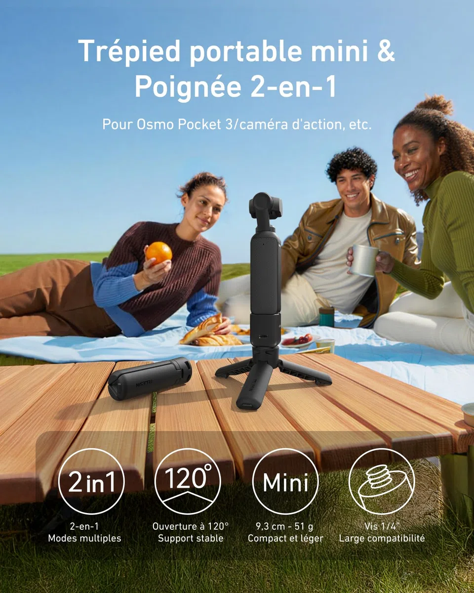 TELESIN Mini Trépied pour DJI Osmo Pocket 4/3, Ouverture Rapide en Un Clic, Vis 1/4" Trépied de Bureau & Poignée 2-en-1, pour Pocket 4/3, Action 6/5 Pro/4/3, iPhone, Go Pro 13/12, Insta360 X5