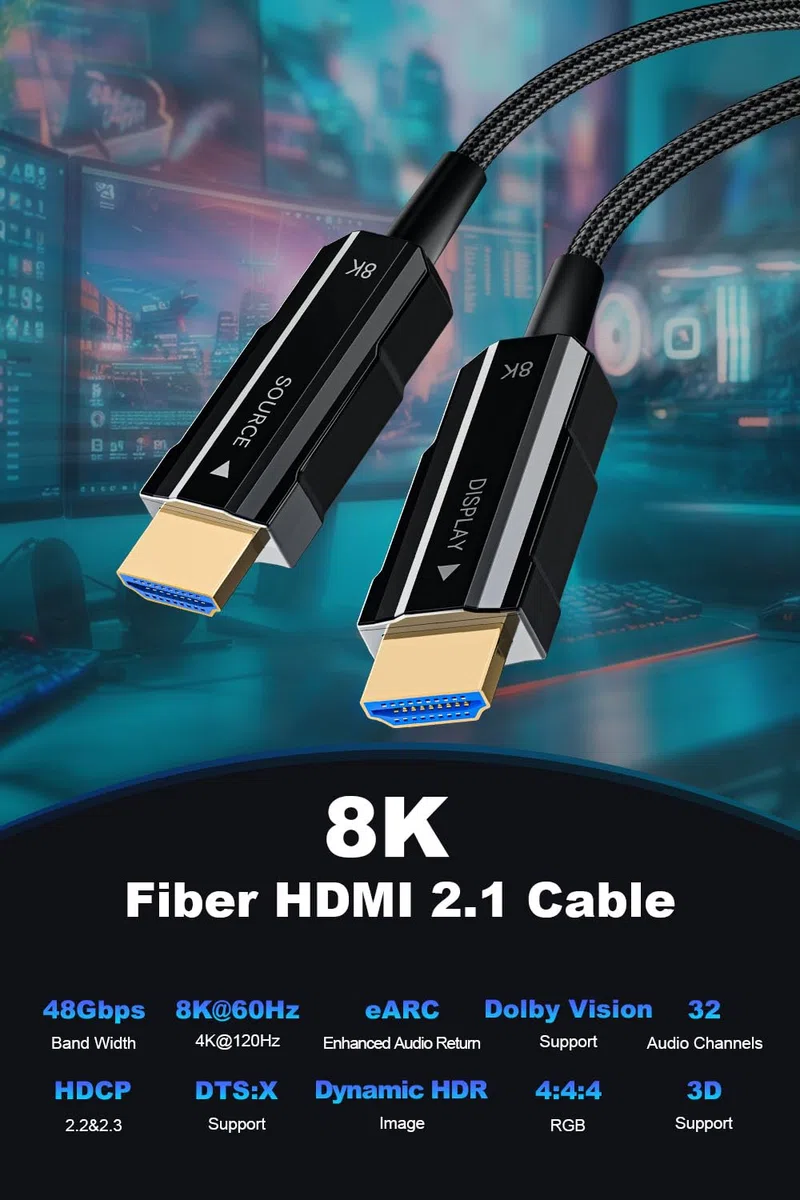 Câble HDMI 2.1 8K long de 9,1 m, câble HDMI en fibre optique tressé, câble HDMI actif haute vitesse, 48 Gbit/s, 8K @ 60 Hz 4K @ 120 Hz, HDR dynamique, eARC, HDCP 2.2 et 2.3, 3D, pour écran HDTV jeu