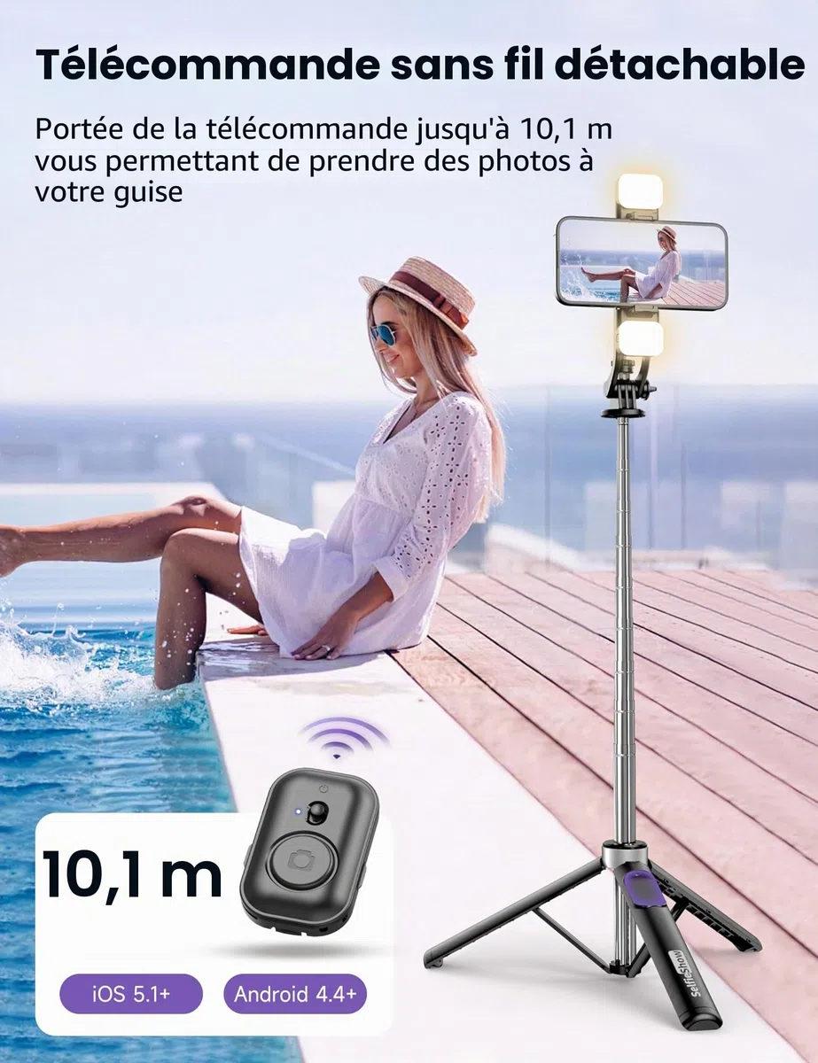 135CM Perche à Selfie Trépied avec 2 Lumière, Trépied pour Téléphone avec Télécommande Détachable, Portable Selfie Stick Trepied Extensible avec Vis de 1/4" Compatible pour iPhone/Android/GoPro/Camera