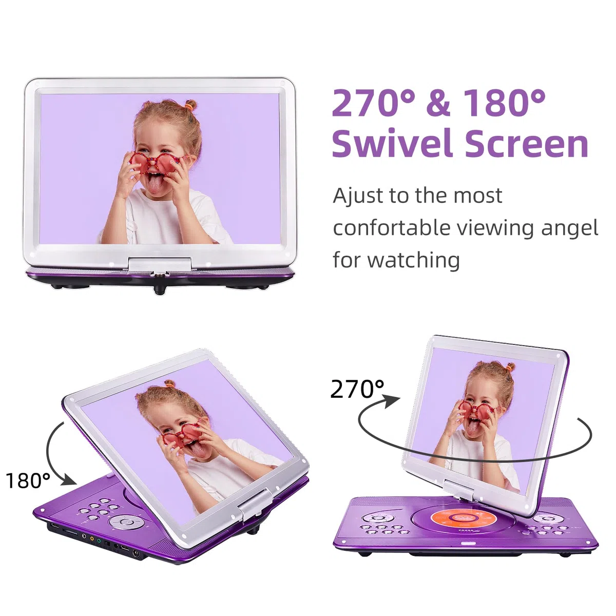 Lecteur DVD portable de 42,9 cm avec grand écran HD pivotant de 36,1 cm, lecteurs DVD portables pour enfants avec batterie rechargeable de 6 heures 5000 mAh, synchronisation TV, prise en charge