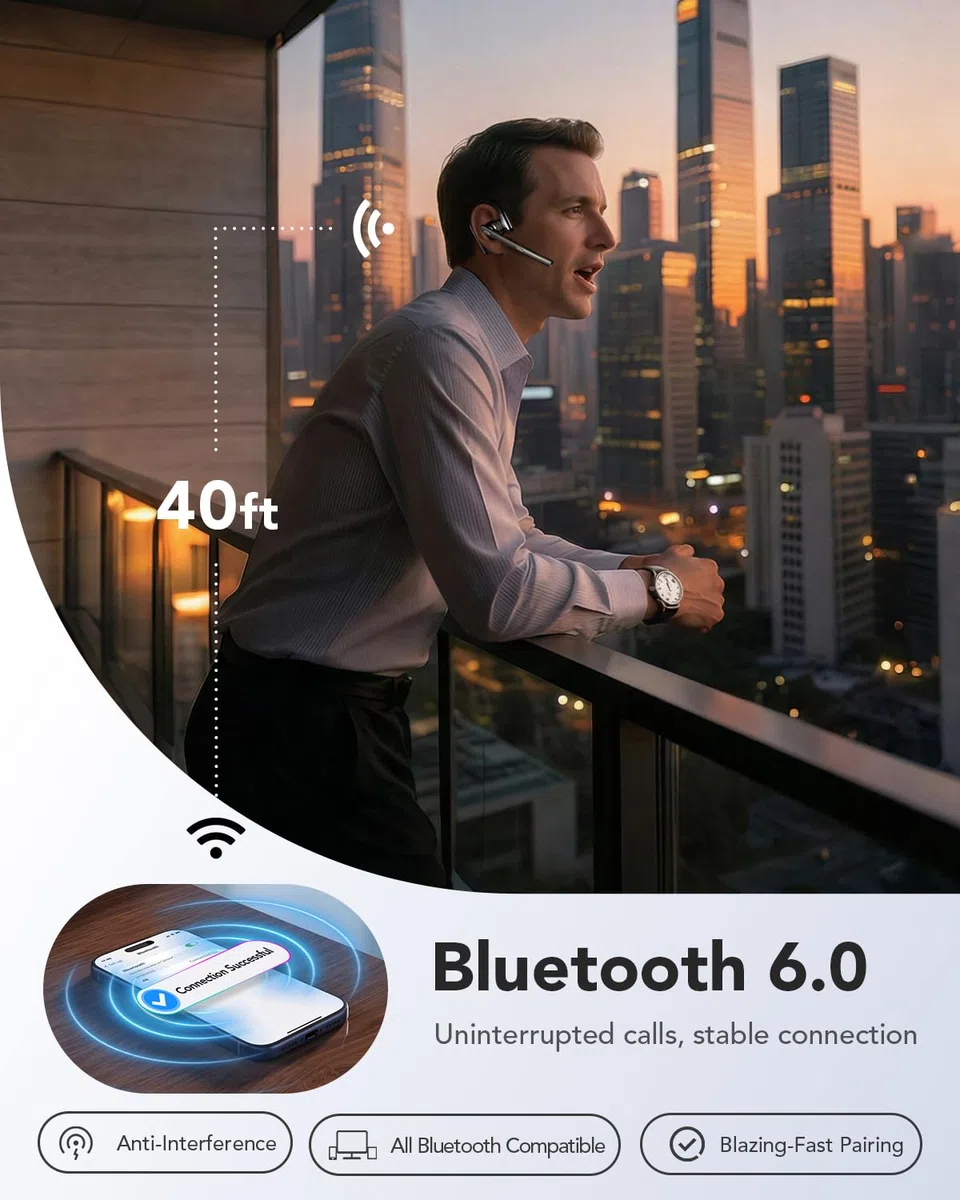 Oreillette Bluetooth V6.0 sans fil avec micro antibruit, 96 heures de temps de conversation avec le boîtier de charge de 950 mAh pour ordinateur portable iOS Android, casque avec bouton muet pour