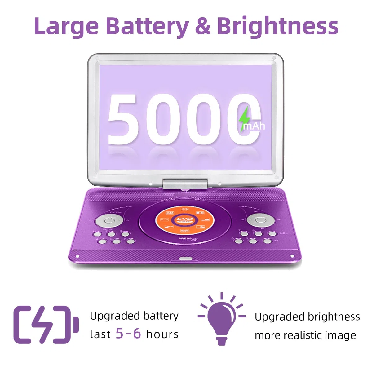 Lecteur DVD portable de 42,9 cm avec grand écran HD pivotant de 36,1 cm, lecteurs DVD portables pour enfants avec batterie rechargeable de 6 heures 5000 mAh, synchronisation TV, prise en charge