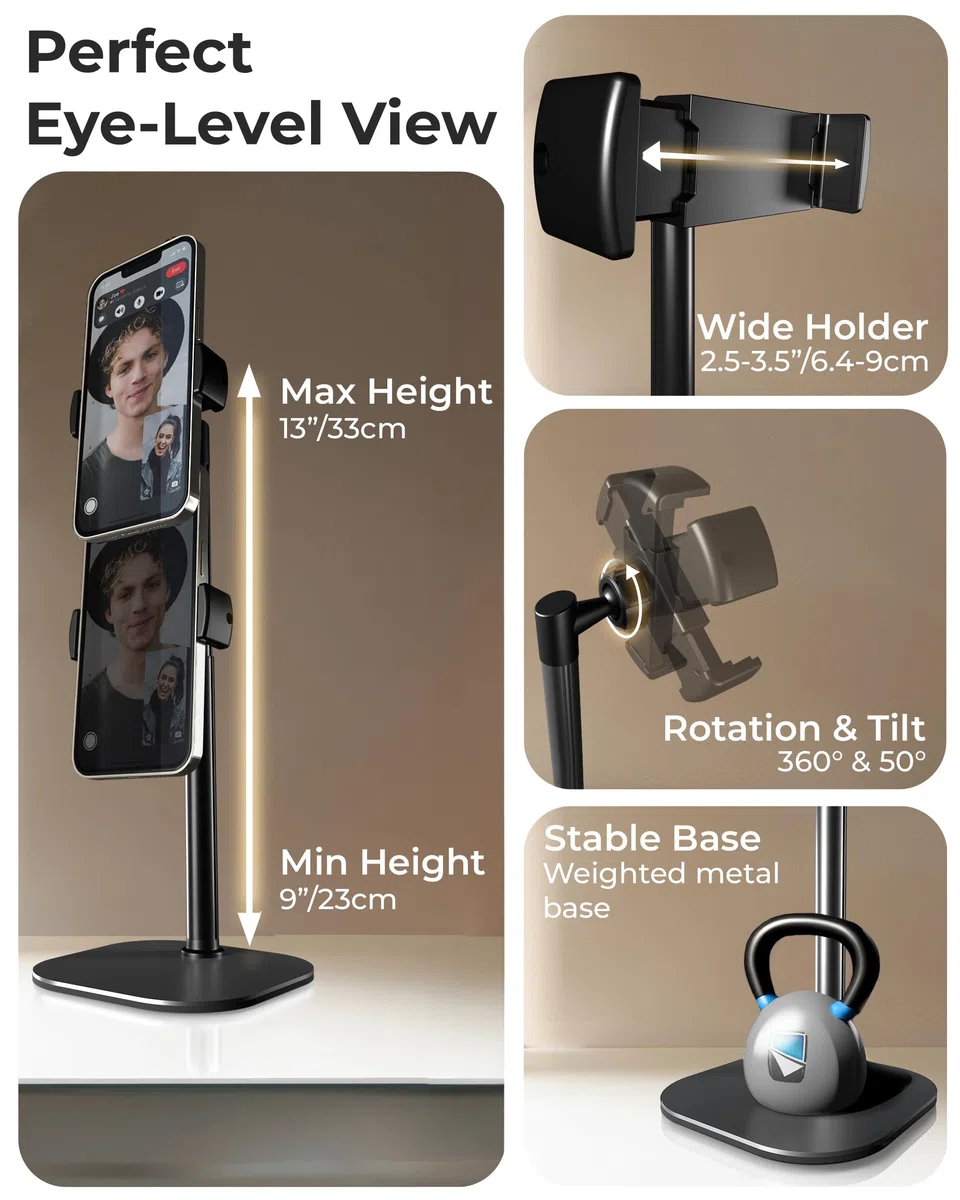 COOPER ChatStand, Support Telephone pour Bureau Réglable, Support iPhone Bureau, Trepied iPhone Filmer, Trépied Téléphone Table, Porte Telephone pour Samsung et Smartphones Android - Noir Nuit