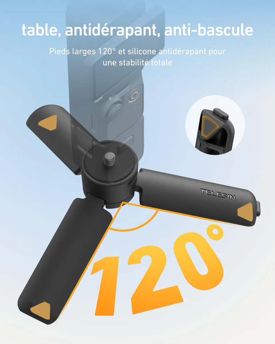 TELESIN Mini Trépied pour DJI Osmo Pocket 4/3, Ouverture Rapide en Un Clic, Vis 1/4" Trépied de Bureau & Poignée 2-en-1, pour Pocket 4/3, Action 6/5 Pro/4/3, iPhone, Go Pro 13/12, Insta360 X5