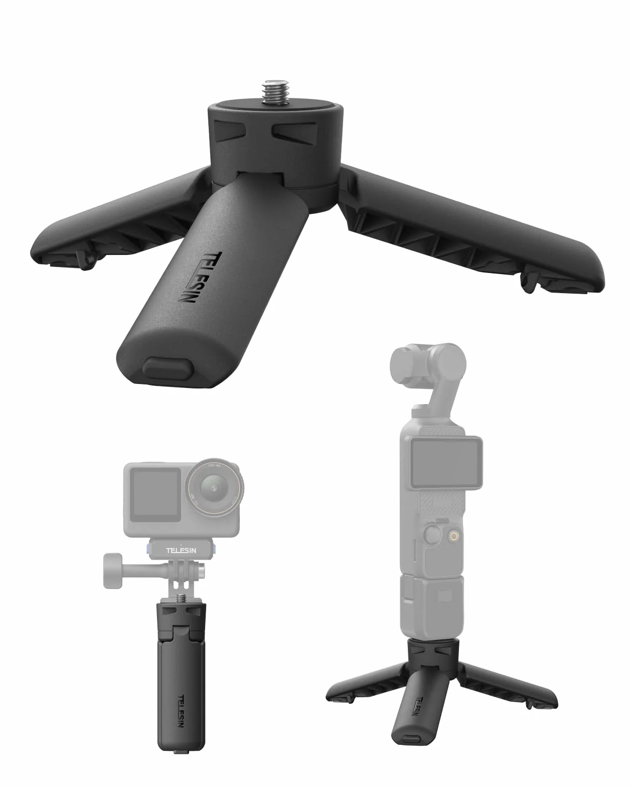 TELESIN Mini Trépied pour DJI Osmo Pocket 4/3, Ouverture Rapide en Un Clic, Vis 1/4" Trépied de Bureau & Poignée 2-en-1, pour Pocket 4/3, Action 6/5 Pro/4/3, iPhone, Go Pro 13/12, Insta360 X5