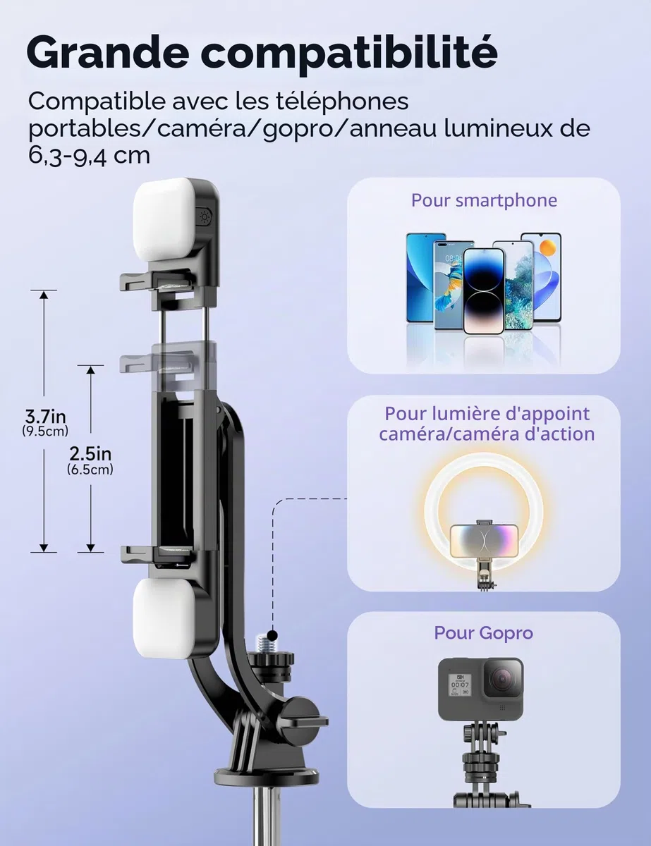 135CM Perche à Selfie Trépied avec 2 Lumière, Trépied pour Téléphone avec Télécommande Détachable, Portable Selfie Stick Trepied Extensible avec Vis de 1/4" Compatible pour iPhone/Android/GoPro/Camera