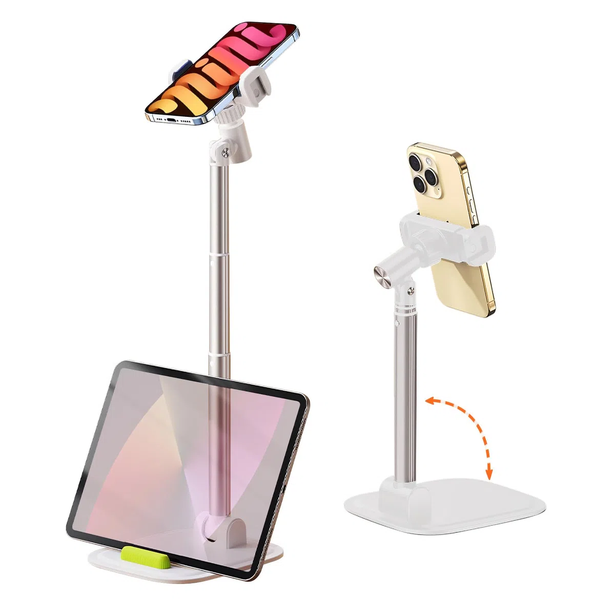 Support Telephone Bureau, Hauteur et Angle Réglables Porte Telephone, Support de Téléphone Pliable Bureau pour iPhone 15,14,13,12,11,Pro, Smartphone,Tablette, Blanc