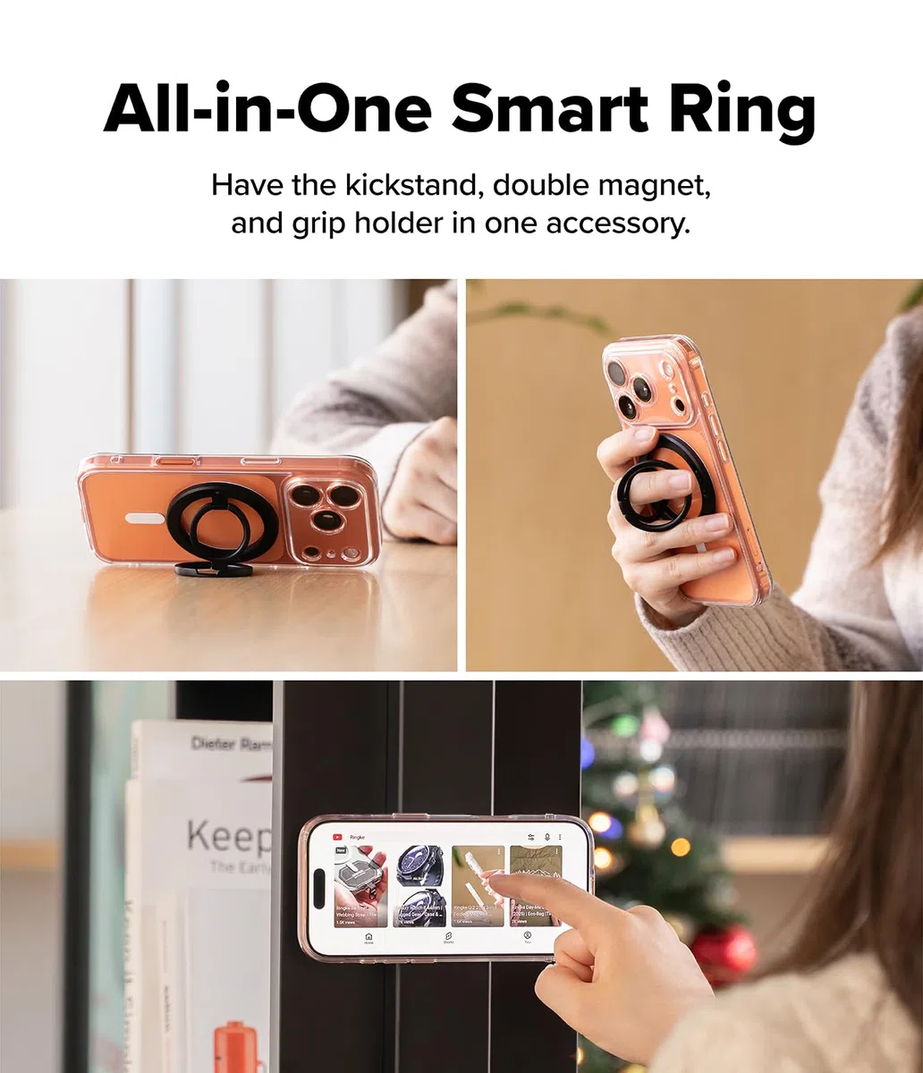 Ringke Dual Magnetic Smart Ring Anneau Support Téléphone Magnétique pour iPhone, Google Pixel, Samsung, Xiaomi avec Support Pliable 3 Niveaux Compatible MagSafe Support et Grip Universel - Black