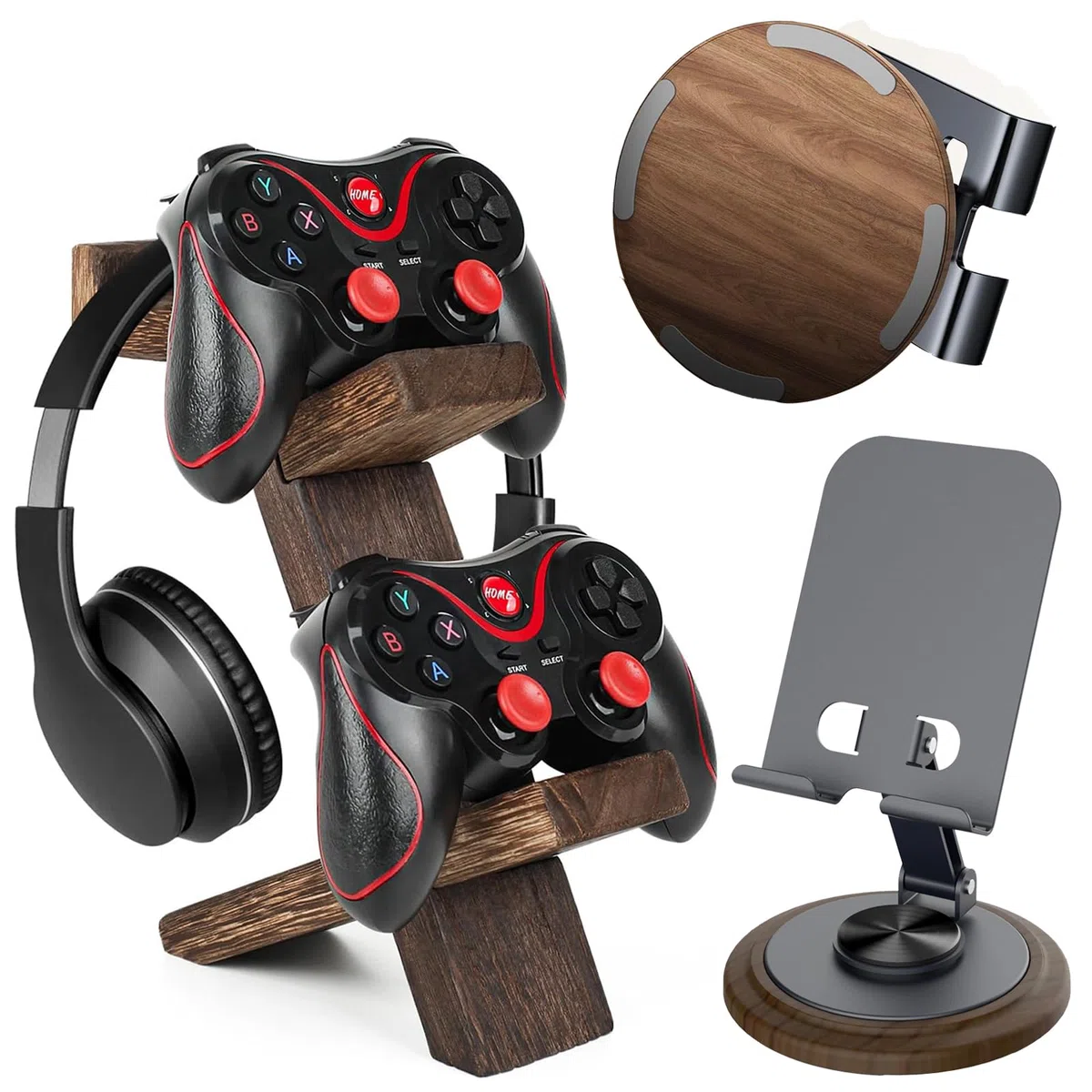 Lot de 2 supports de manette en bois pliables - Support universel pour téléphone portable - Support de téléphone portable en bois - Support pour casque de jeu - 2 en 1 - Support pour manette de casque