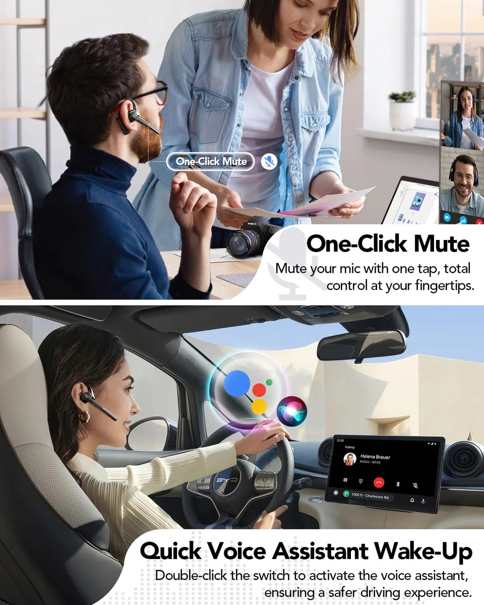 Oreillette Bluetooth V6.0 sans fil avec micro antibruit, 96 heures de temps de conversation avec le boîtier de charge de 950 mAh pour ordinateur portable iOS Android, casque avec bouton muet pour