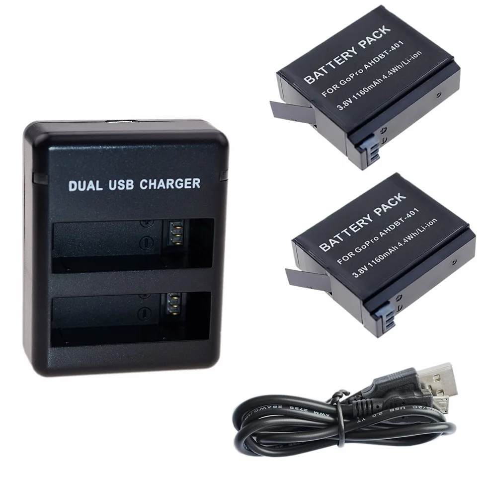 Suptig Lot de 2 batteries et chargeur Daul pour Gopro Hero 4 Black Gopro HEROR4 Silver et AHDBT-401